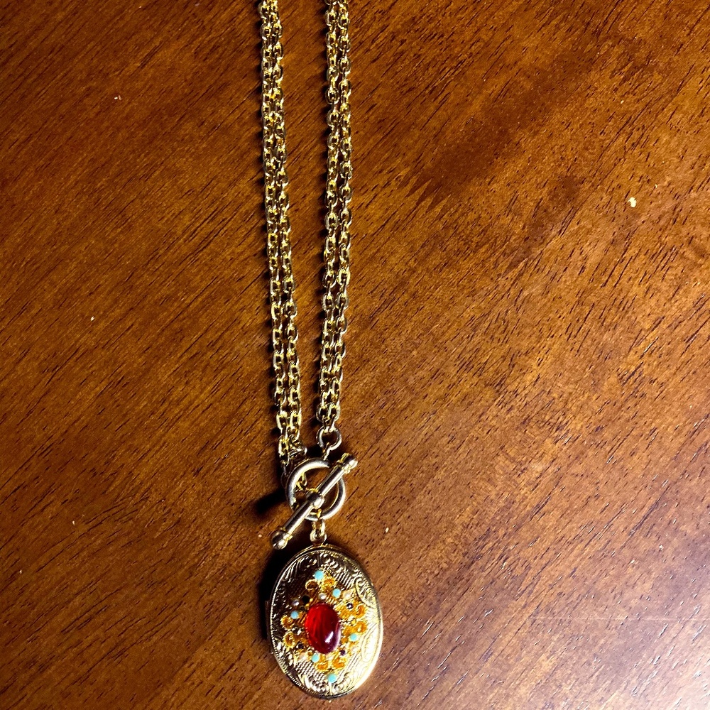 Gold Beaded Locket Necklace Chain Link w Fob